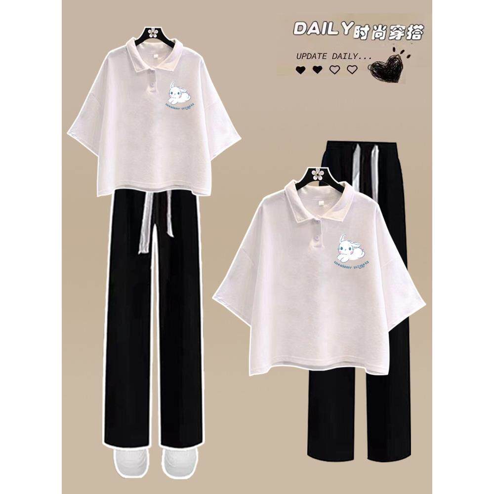 初中生POLO衫短袖t恤女夏季时尚女大童两件套中学生休闲套装女夏