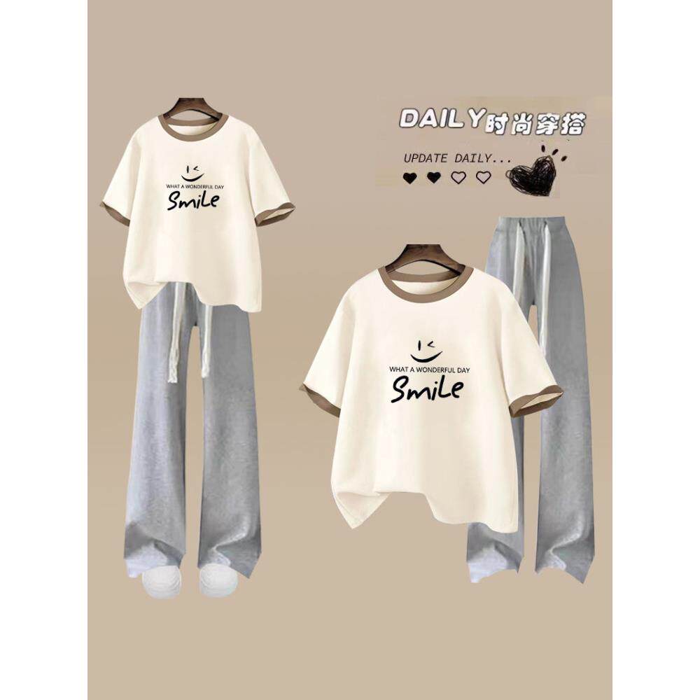 杏色纯棉短袖学生两件套大童时尚夏季宽松休闲运动风初高中套装女