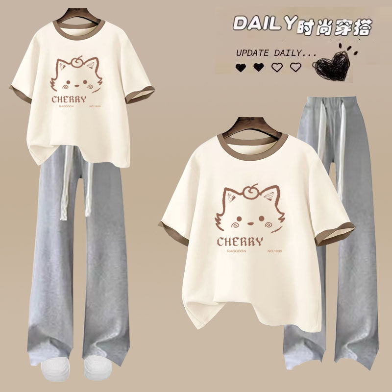 夏韩系纯棉宽松T恤16少女13初中学生岁14女孩15盐系阔腿裤两件套