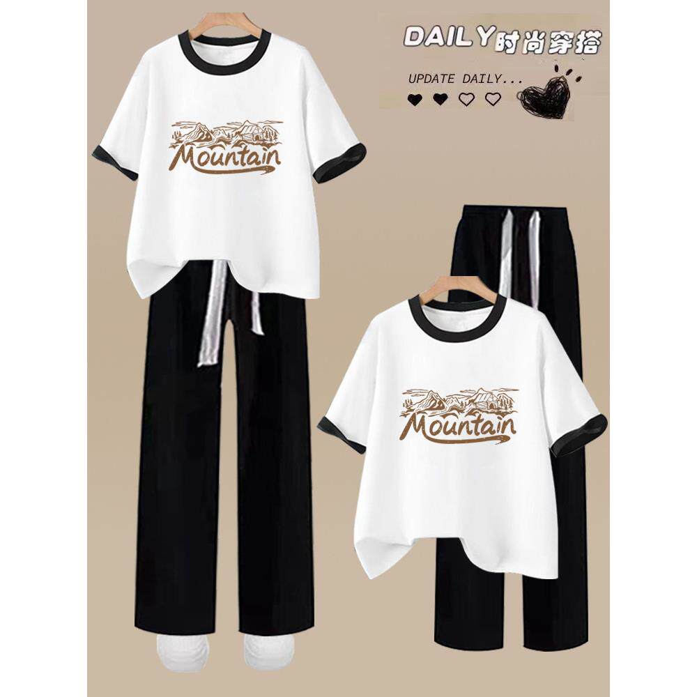 少女中学生学院风运动服套装女初中学生夏季纯棉短袖阔腿裤两件套