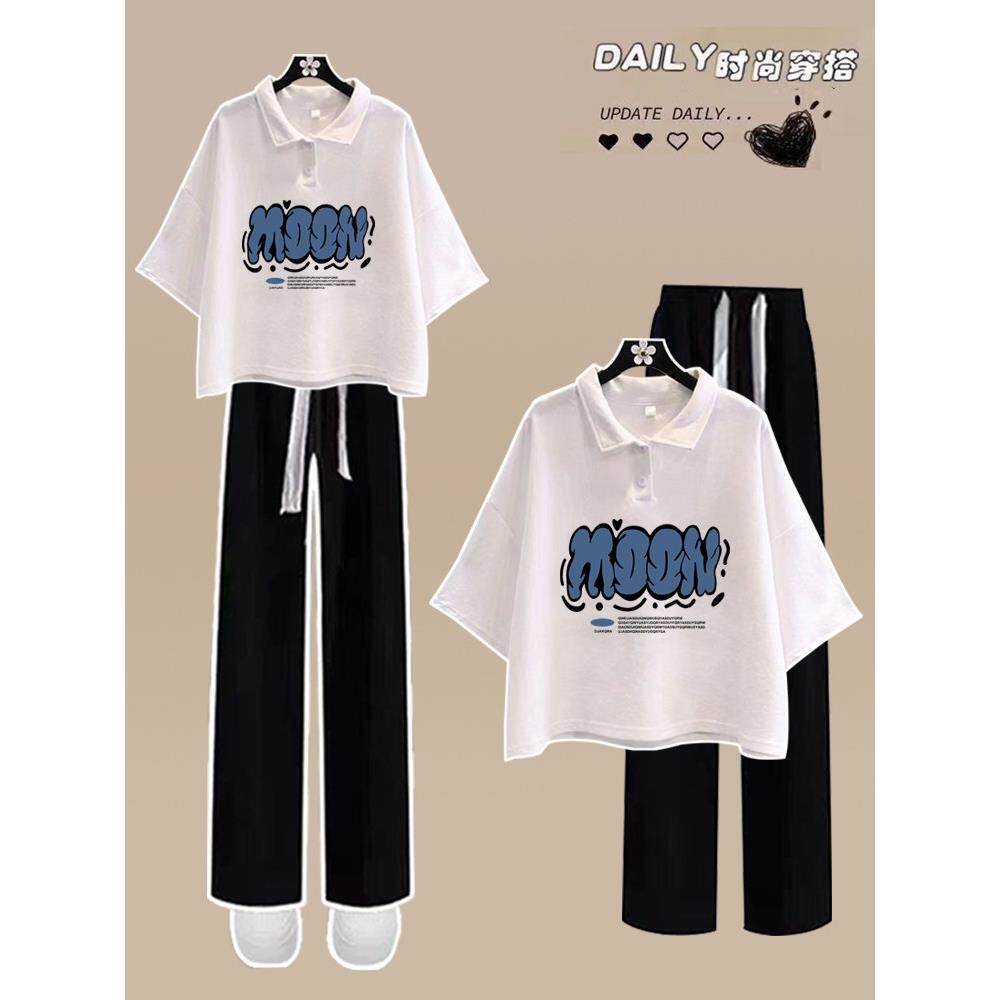 初中生洋气套装夏季字母Polo领两件套高中学生时尚短袖阔腿裤少女