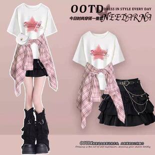 2026超火夏装一整套女童初中生短袖上衣JK短裙学院风洋气时髦套装