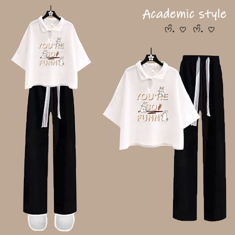 休闲运动风短款Polo领短袖T恤上衣夏季新款学院风长裤时尚套装女