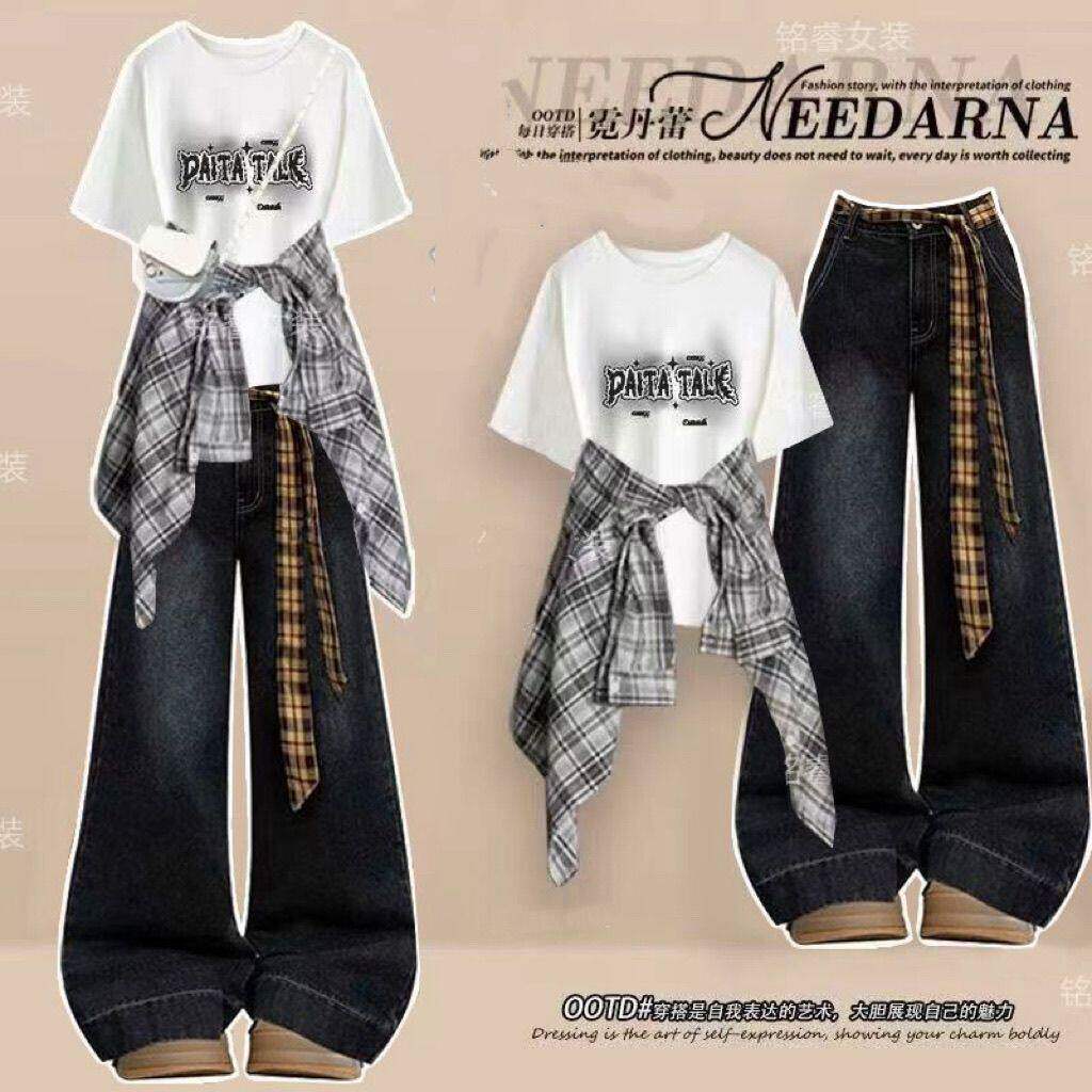 夏日穿搭套装2026新款初中生女童短袖T恤+牛仔裤洋气学院风一整套