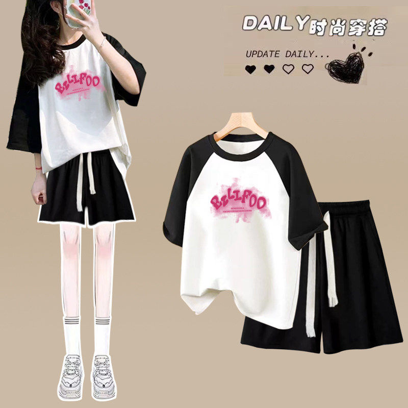 夏天学生少女运动套装女宽松韩版夏季时尚休闲跑步短裤短袖两件套
