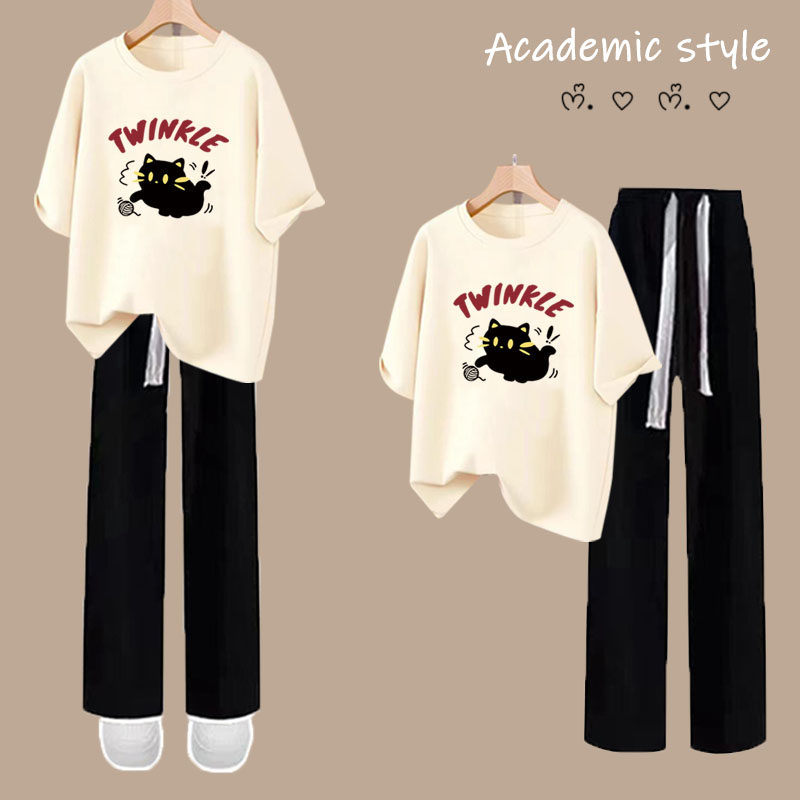 运动休闲服纯棉套装初高中学生女生设计感夏季宽松短袖大童两件套