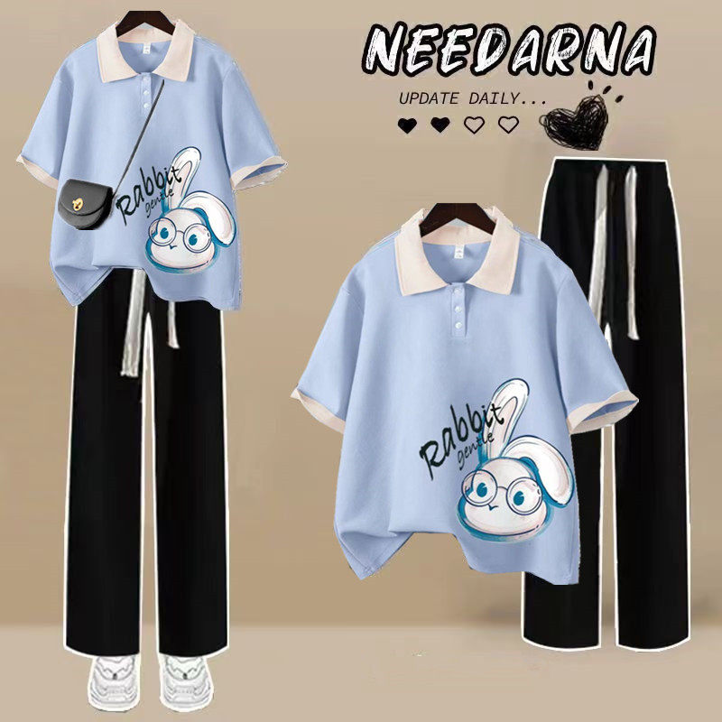 运动套装女夏季学院风polo衫短袖阔腿长裤学生韩版宽松休闲两件套