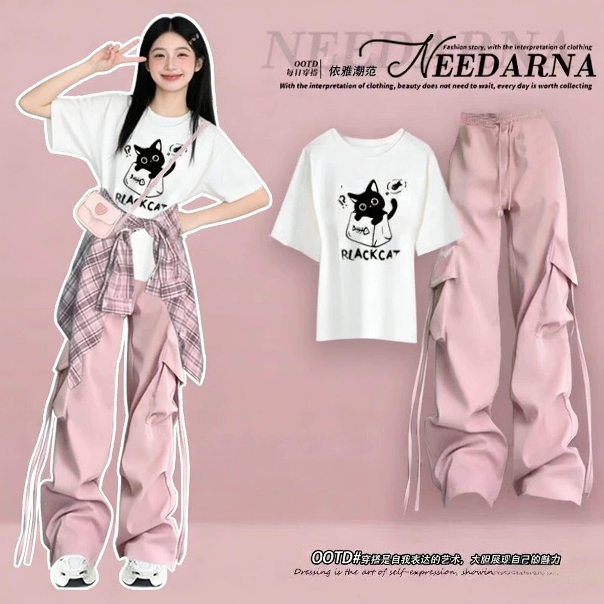 春秋季大童多巴胺酷女孩衬衫套装夏装少女休闲运动风工装裤三件套