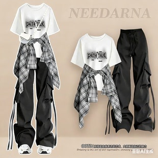 高中学生衬衫半袖T恤三件套装少女15衣服女初中生夏季短袖工装裤