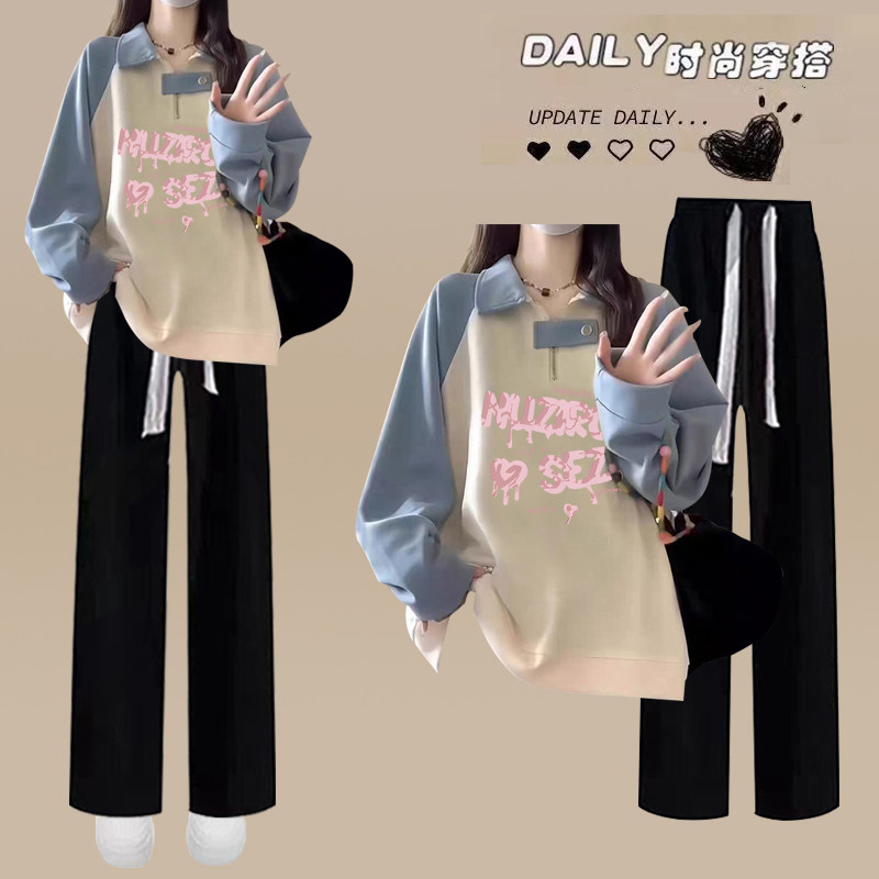 学院风运动套装女学生春秋新款洋气polo领卫衣休闲阔腿裤两件套潮