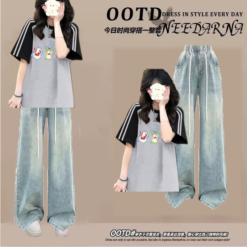 夏季套装女2026新款时尚穿搭少女纯棉短袖t恤初中学生牛仔裤套装