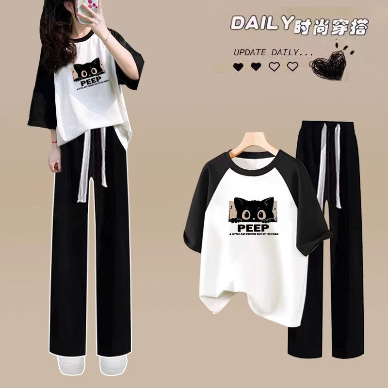 2026夏季爆款插肩短袖t恤女学生甜美宽松+休闲阔腿裤穿搭两件套装
