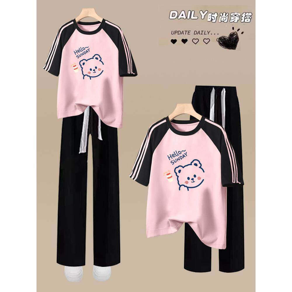 少女中学生学院风运动服套装女初中学生夏季纯棉短袖阔腿裤两件套