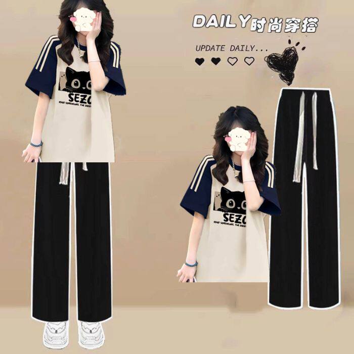 2026超火穿搭一整套短袖女学院风套装夏季初中生大童阔腿裤两件套