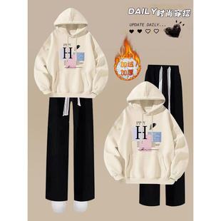 学院风运动套装少女秋冬加绒时尚连帽卫衣初中生休闲阔腿裤两件套