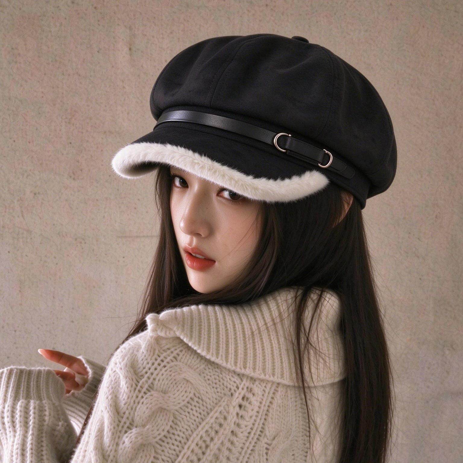 秋冬保暖毛绒毛呢八角贝雷帽女
