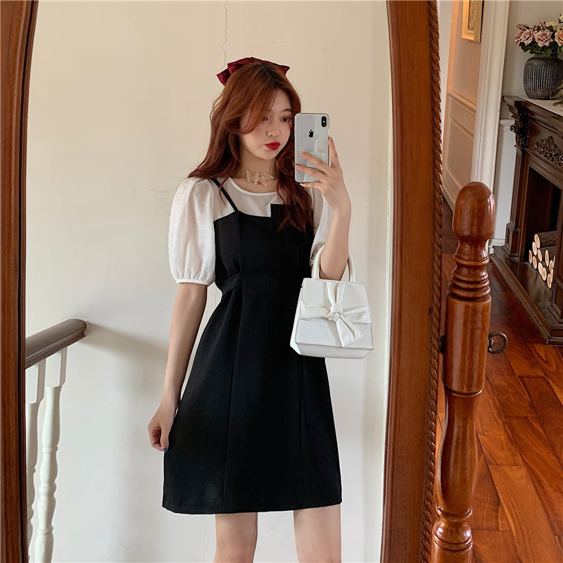 Real shot real price Hepburn style show thin date A-line skirt splicing fake two dresses