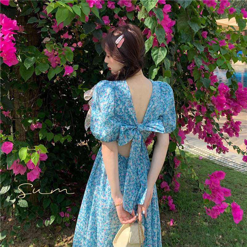 Real price 2021 summer open back bow tie long A-line waist temperament short sleeve Floral Dress