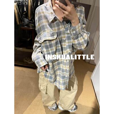 新款方格大口袋做旧长袖衬衫女