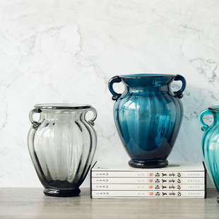 小浮雕双耳蓝玻璃花瓶客厅摆件家居装 美第奇新古典欧式 饰品样板间