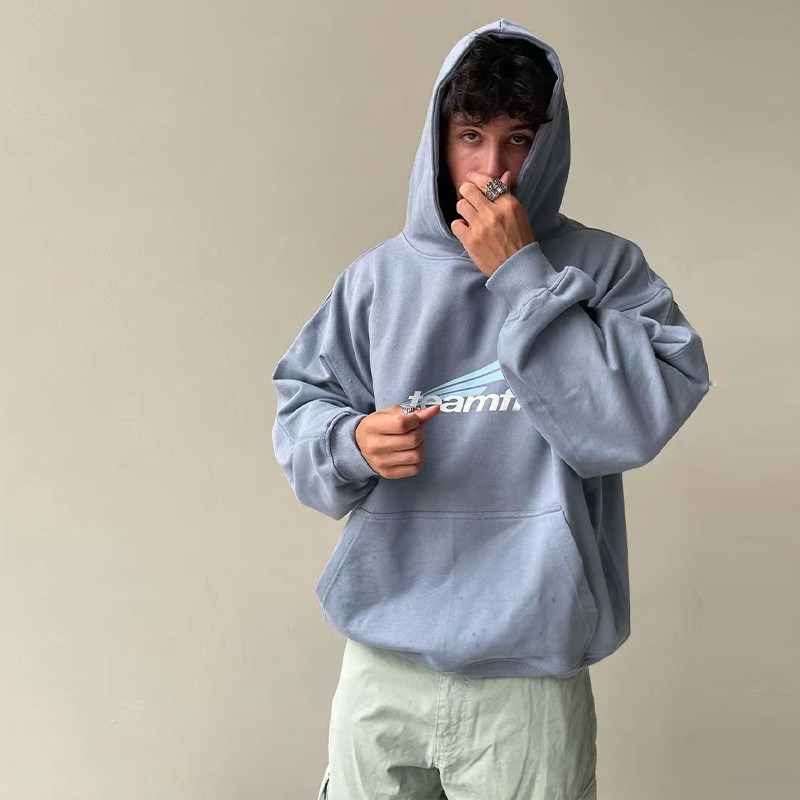 American retro Light Blue Vintage Hooded Sweatshirt Men's Autumn Fashion High Street Oversize Hoodie Ins Trend