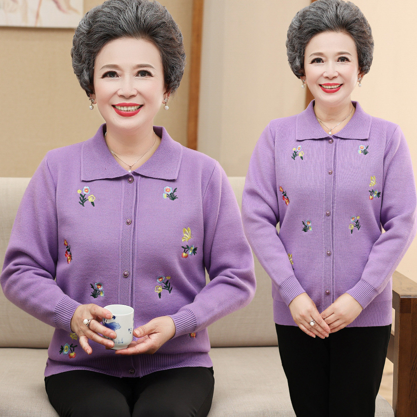 中年女加绒保暖针织开衫