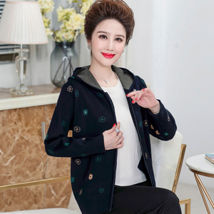 新款妈妈秋季针织夹克外套2024中老年女装洋气连帽拉链开衫上衣服