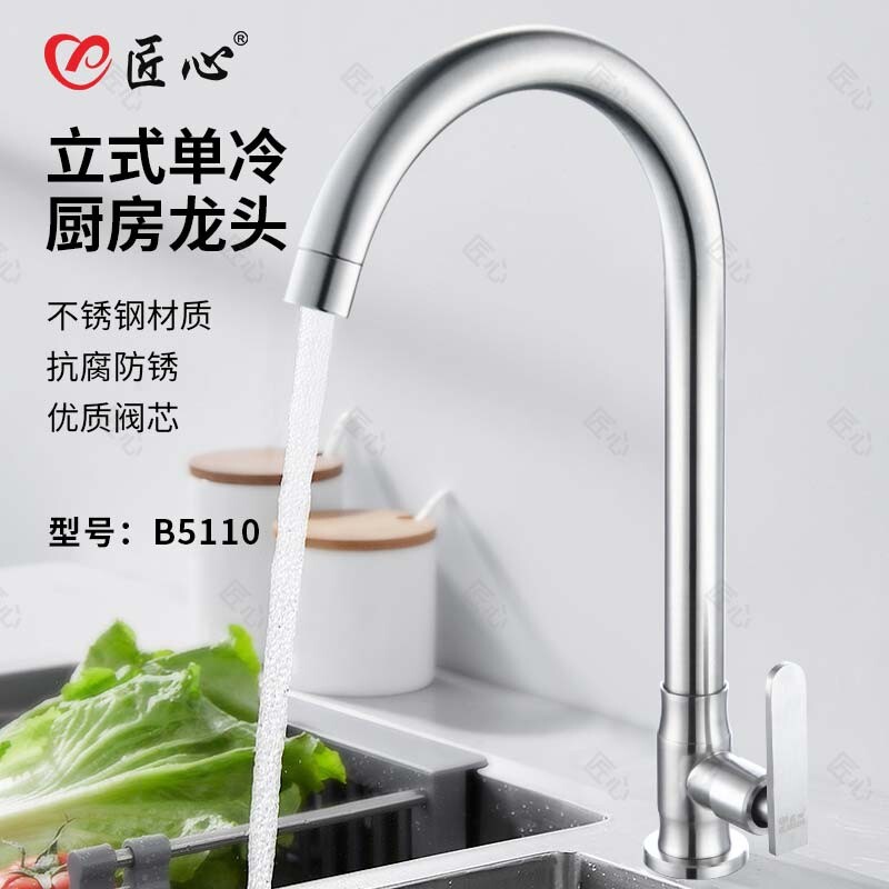 匠心B5110H立式厨房单热水龙头不锈钢水槽洗菜盆龙头图片