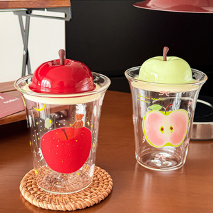 可爱杯子家用高硼硅玻璃杯耐热牛奶咖啡杯水杯吸管苹果杯子带盖