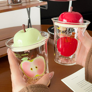 可爱杯子家用高硼硅玻璃杯耐热牛奶咖啡杯水杯吸管苹果杯子带盖