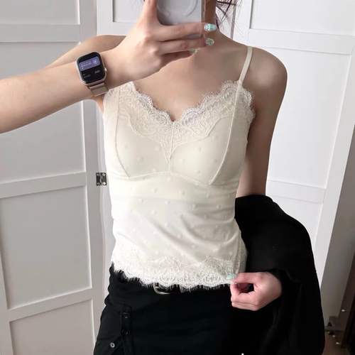 V领蕾丝波点带胸垫吊带背心女