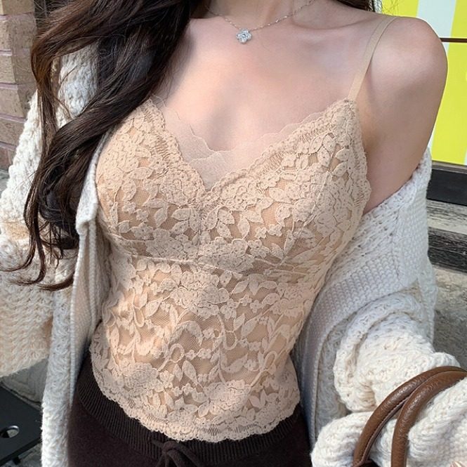 法式性感V领蕾丝肤色保暖背心