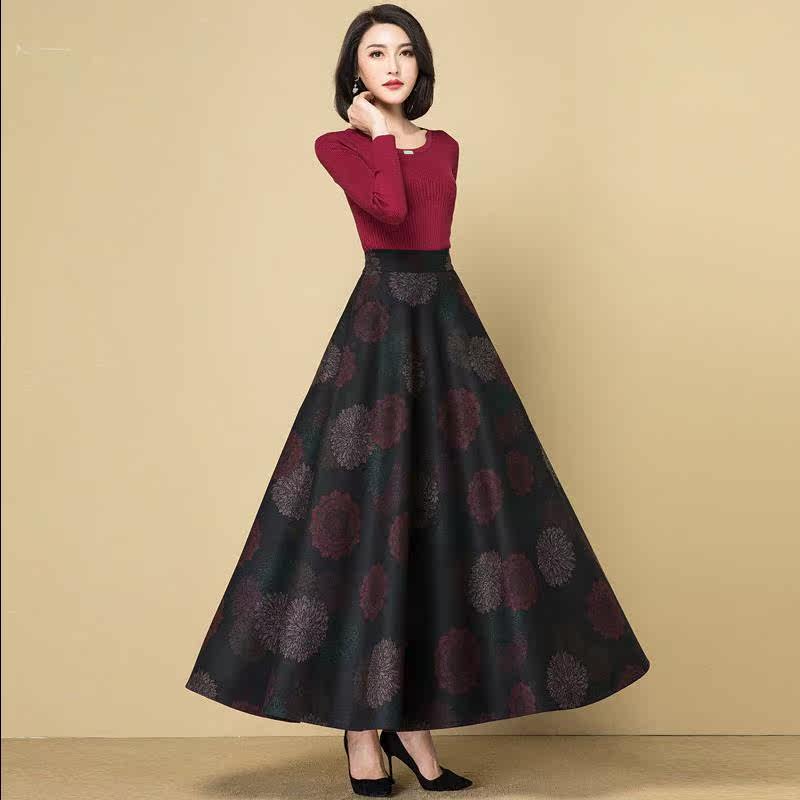 秋冬半身裙長裙女2019新款複古高腰A字大擺裙毛呢大碼裙子中長款在類目 女裝/女士精品, 半身裙中 - 來自Buy2taobao.com提供專業的淘寶代購服務