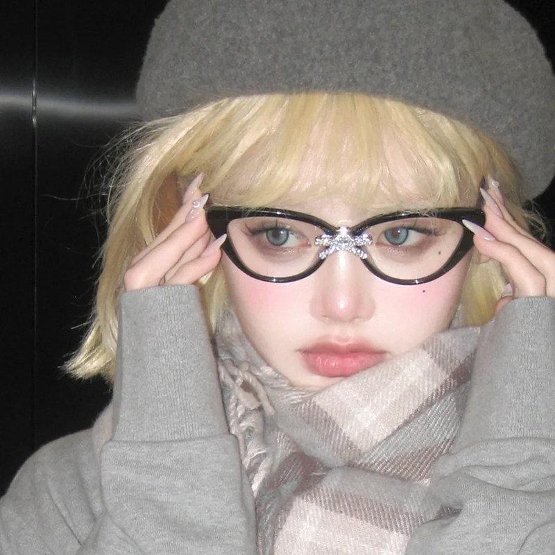 韩系时尚凹造型眼镜女甜妹镶钻蝴蝶结猫眼镜框素颜平光镜可配度数,ZIPPO/瑞士军刀/眼镜,防蓝光镜,淘宝优惠券,粉丝福利购,淘宝优惠卷