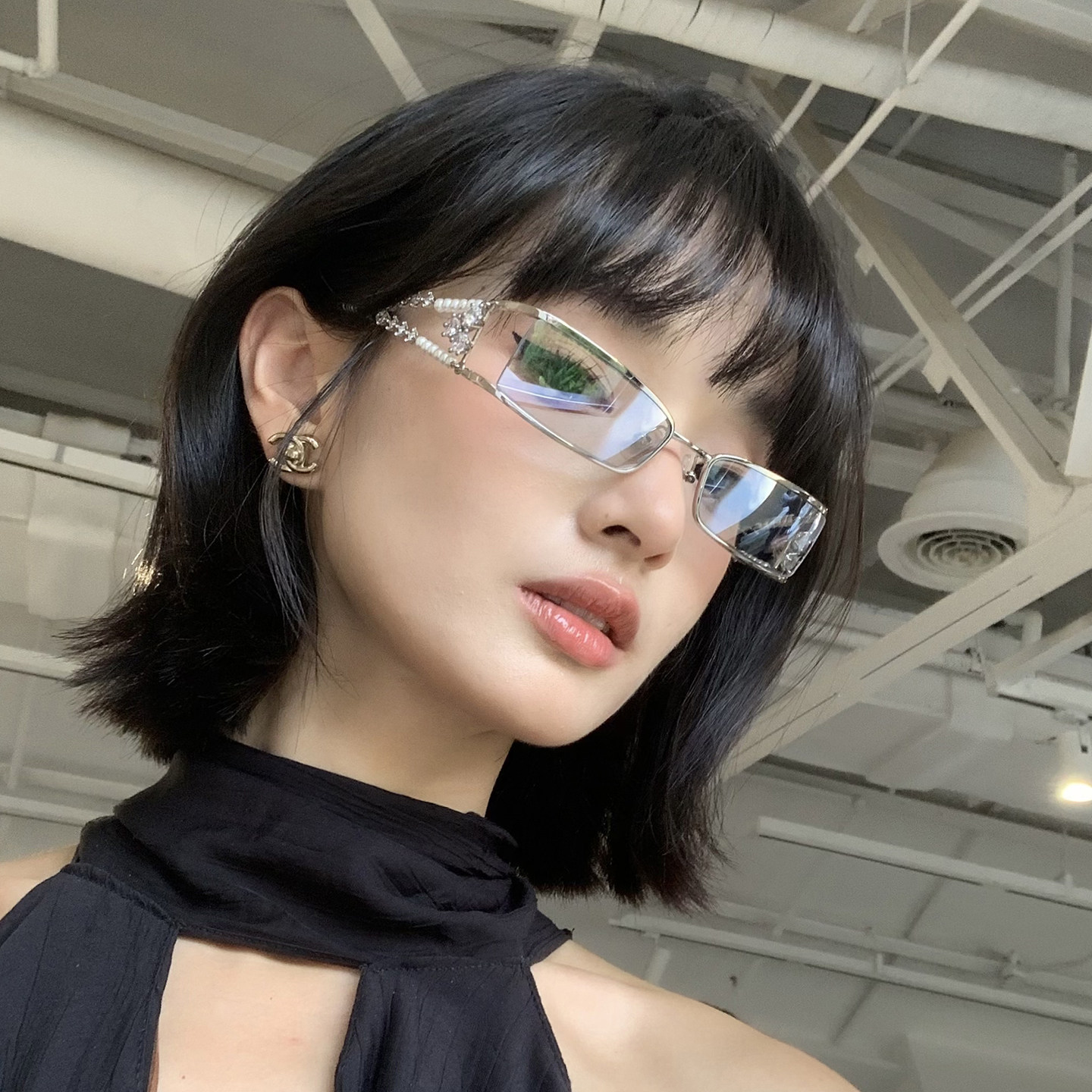 Y2K辣妹镶钻银色方框眼镜辣妹风网红同款高级感装饰女显脸小镜框