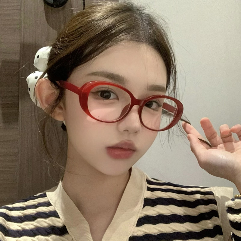 时尚红色椭圆框个性气质防蓝光眼镜女显脸小韩系学生镜框可配度数