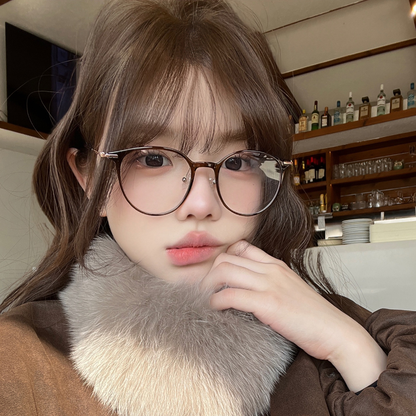 韩女冷茶色时尚圆框眼镜显脸小素颜学生文艺风超轻平光镜可配度数