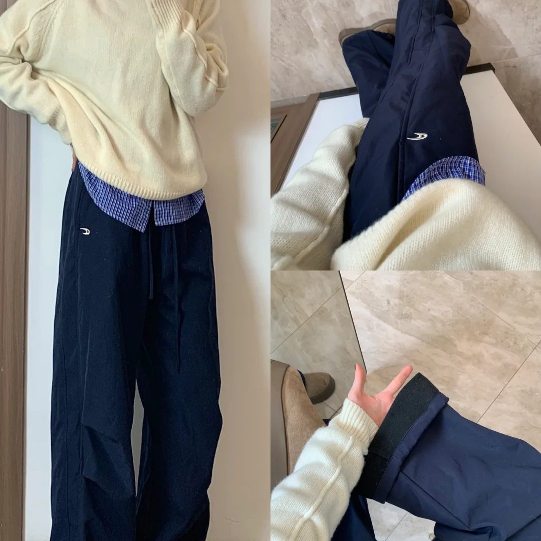 美式加绒褶皱阔腿伞兵裤