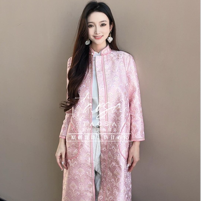 秋冬立领风衣开襟高级宽松长款外套内搭蒙古族新中式粉色春季女