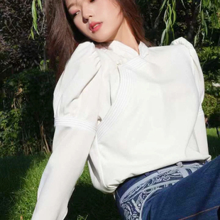 现货蒙古族元素马蹄袖风立领长袖衬衫女春秋新款设计感小众上衣衬