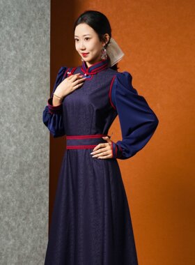 连衣裙日常宴会正式场合蒙古族女装藏蓝色收腰长袖春秋