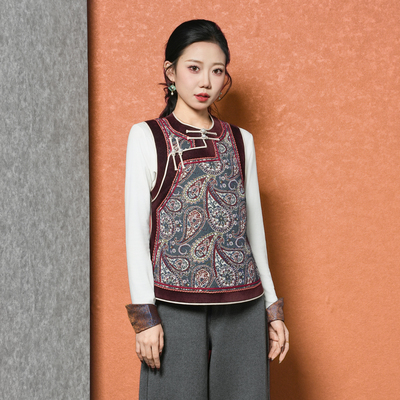 腰果花圆领马甲蒙元素女装妈妈中年酒红色坎肩无袖民族布艺提花