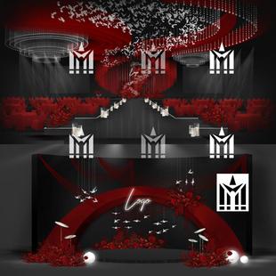 红色秀场风高端婚礼舞台道具效果图 PSd分层水晶红布幔吊顶素材