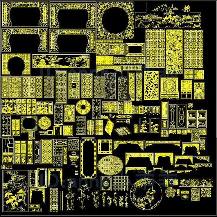 中式古典cad雕花镂空屏风隔断木格栅窗花挂落顶箱柜花草雕刻CAD图