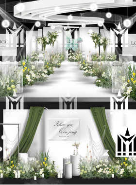 白绿色花艺韩式婚礼背景舞台迎宾区效果图psd源文件包含制作图