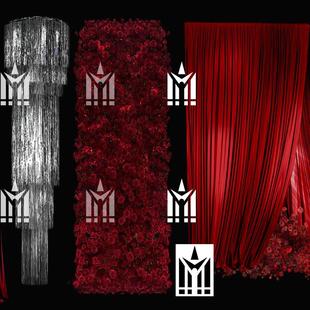 红色白色手绘花艺背景布幔雨丝帘亮片玫瑰花墙婚礼效要图PSD素材