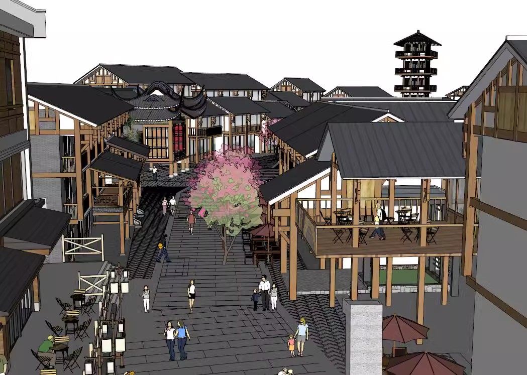 su草图大师现代滨水商业街古村古镇水街中式仿古戏台建筑su模型