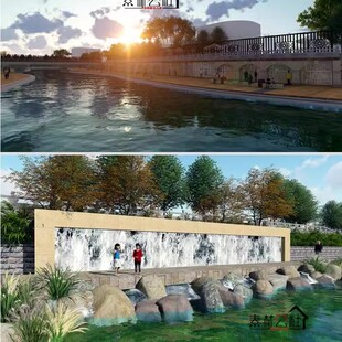 湿地公园河道景观带廊架拱桥驳岸文化景墙亲水平台草图大师SU模型