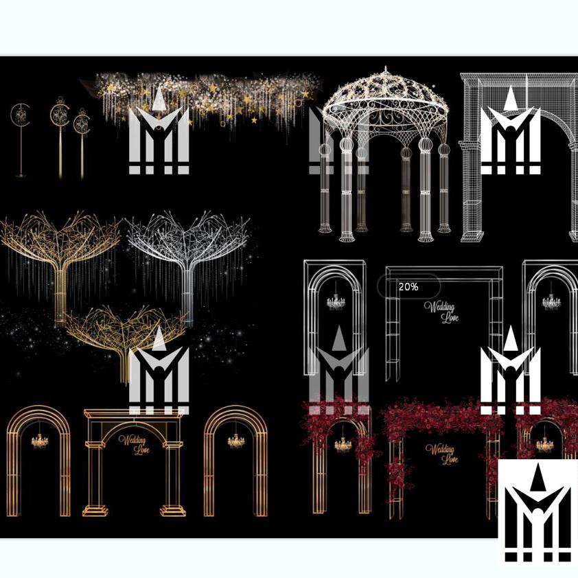 婚礼手绘铁艺欧式亭烛台摆件灯光道具效果图psd素材