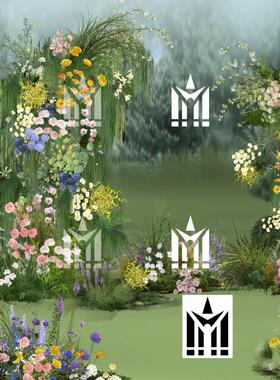 小清新白绿紫黄色花艺户外草坪婚礼活动区效果图PSD素材